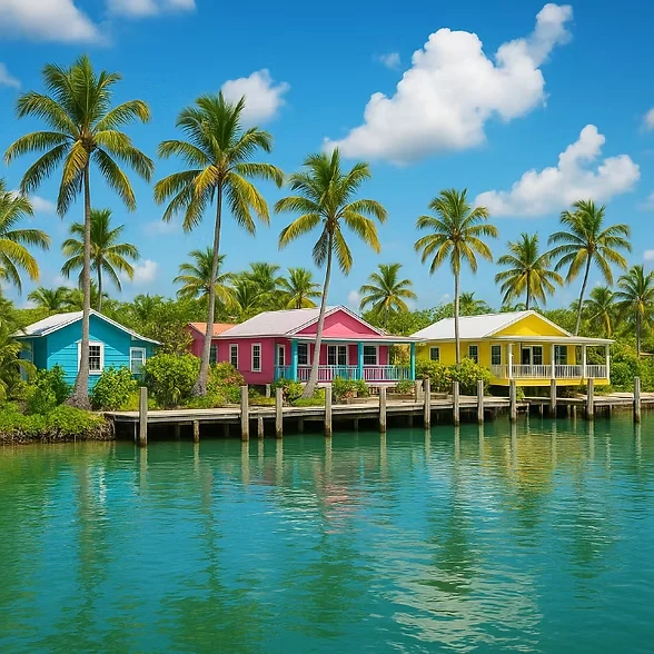 Colorful waterfront cottages and palms in Matlacha